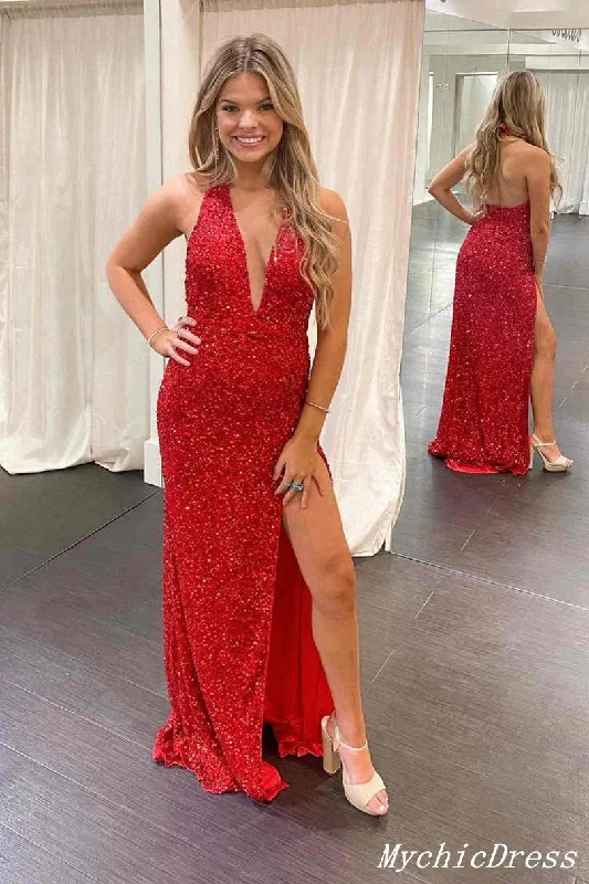 Women's Professional Garments Long V Neck Halter Sequin Prom Dresses 2025 Red Evening Gown with Split