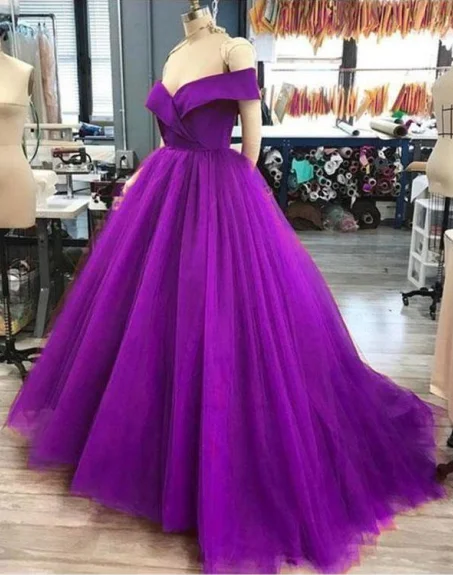 Women's Casual Garments A Line Off the Shoulder 2025 Purple Tulle Prom Dresses Long Evening Gown