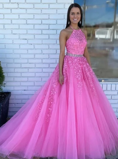 Women's High-Fashion Attire 2025 Halter Pink Prom Dresses A Line Lace Evening Gowns With Beaded