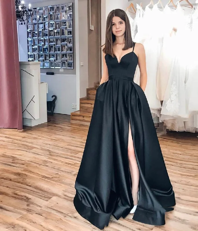 Women's Evening Apparel A Line 2025 Black Prom Dresses V Neck Evening Gown Spaghetti Strap