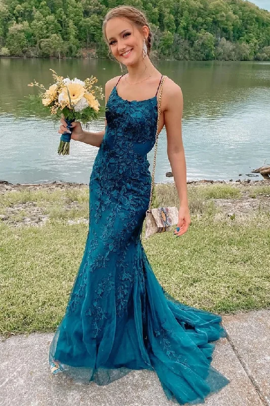 Stylish Women's Garments Sexy Long Lace Teal Prom Dresses Spaghetti Straps Mermaid Evening Gown