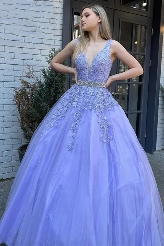 Elegant Women's Evening Garments 2025 Lavender Lace Prom Dresses Sleeveless V Neck Formal Gowns