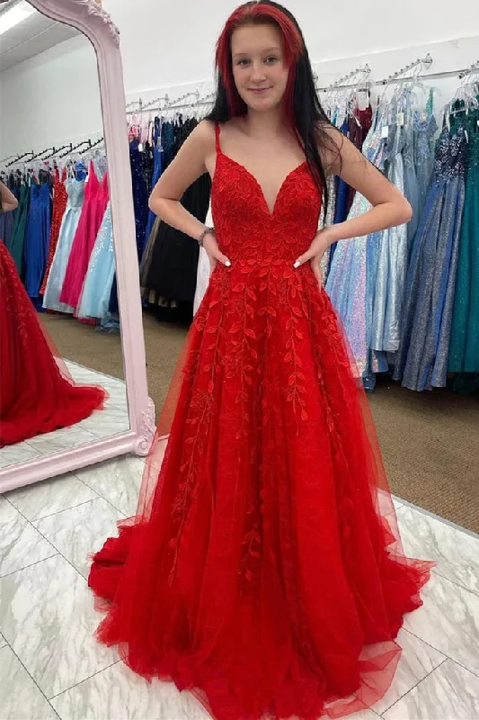 Women's Trendy Garments V Neck Lace Red Prom Dresses UK A Line Long Evening Gowns