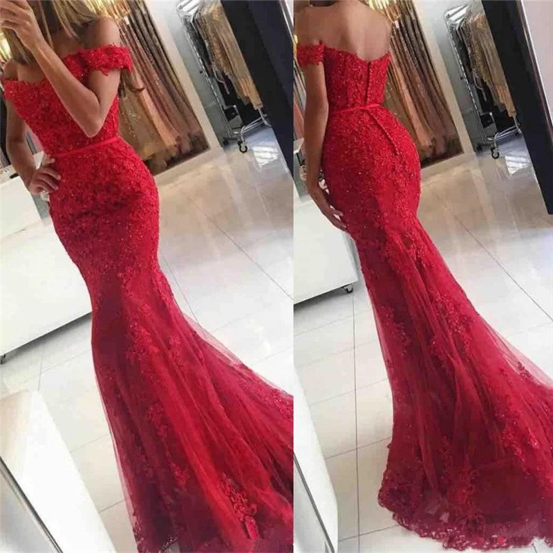 Classic Women's Apparel 2025 Lace Red Prom Dresses Off-the-shoulder Mermaid Appliques Gowns