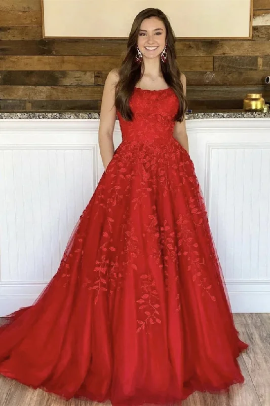 Affordable Women's Garments 2025 Red Lace Prom Dresses A Line Floor Length Evening Gown