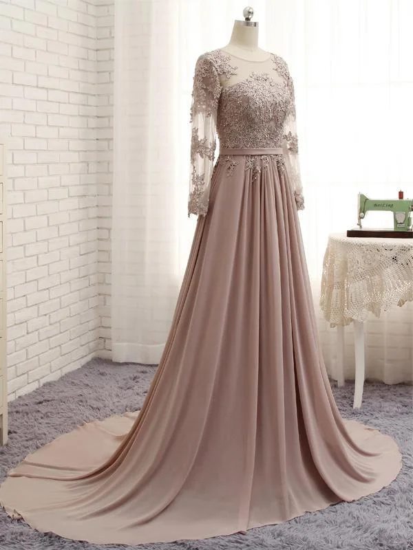 Women's Apparel A Line Long Sleeves Lace Prom Dresses Chiffon Evening Gown