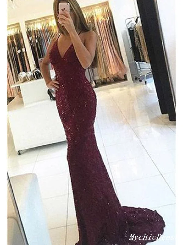 Stylish Women's Garments For Holidays Sequin Burgundy Prom Dresses V Neck Long Mermaid Evening Gowns