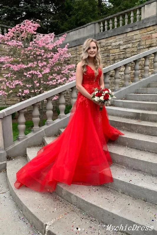 Women's Comfortable Garments Red Lace Prom Dresses 2025 Cheap V Neck A Line Tulle Evening Gowns