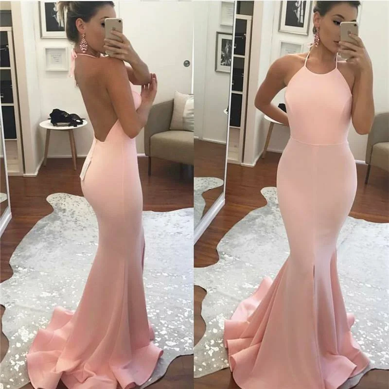 Modern Women's Apparel Simple Pink Prom Dresses Sleeveless Mermaid Halter Backless Gowns