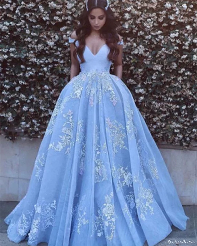 Women's Classic Attire Off the Shoulder Blue Prom Dresses Lace A Line Evening Gowns