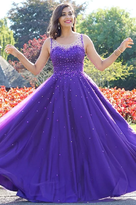 Women's Seasonal Garments Hot Purple Pearls Tulle Prom Dresses Cheap Long A Line Evening Gowns