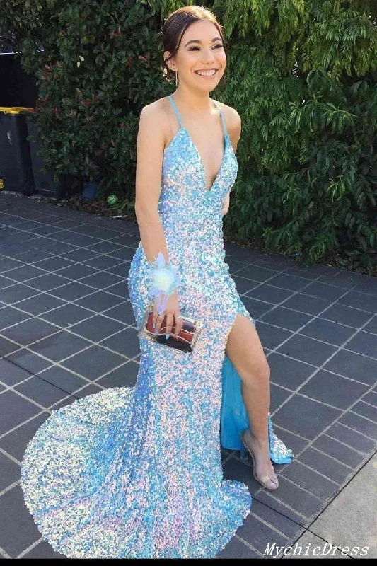 Women's Clothes And Garments Long Sequin Prom Dresses Blue Deep V Neck Mermaid Evening Gown