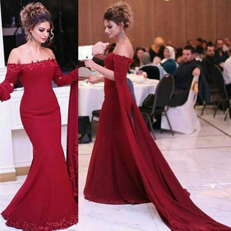 Women's Professional Apparel Off-shoulder Lace Burgundy Prom Dresses Appliques Mermaid Gowns