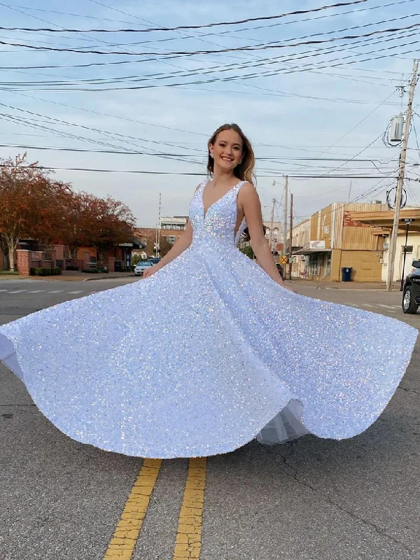 Women's Elegant Garments Sparkly V Neck Sequin White Iridescent Prom Dresses A Line Evening Gowns