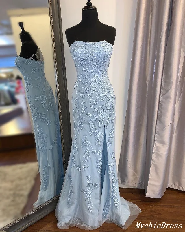 Women's Clothing And Garments Sets Lace Long Blue Prom Dresses 2025 Strapless Mermaid Evening Gown with Split