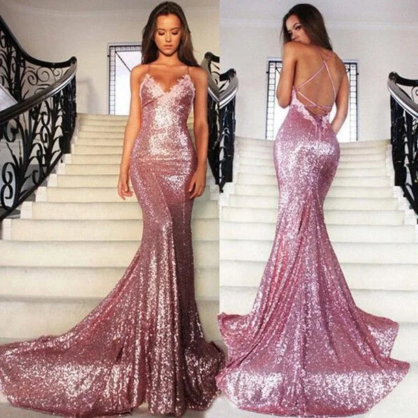 Women's Travel Apparel Sexy Rose Pink Sequin Prom Dresses Mermaid Long Gowns