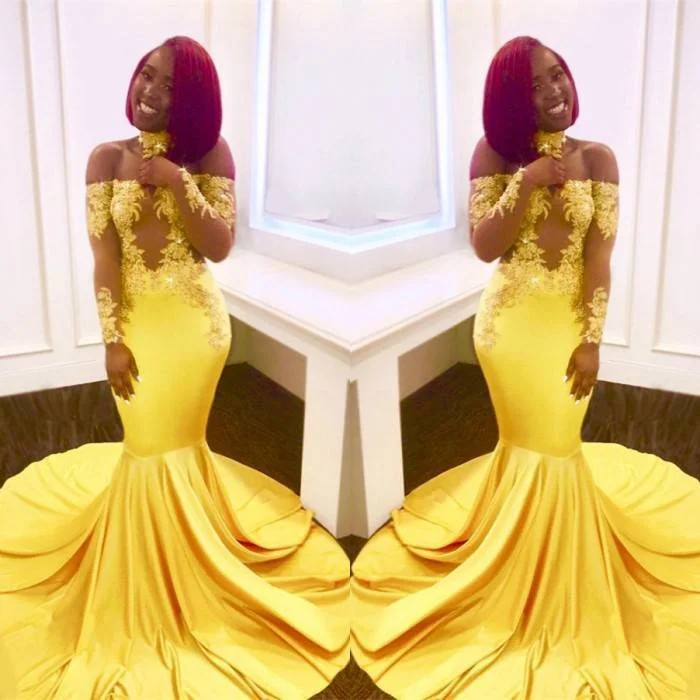 Women's Plus-Size Apparel Lace Yellow Prom Dresses Mermaid Off-the-Shoulder Evening Gowns