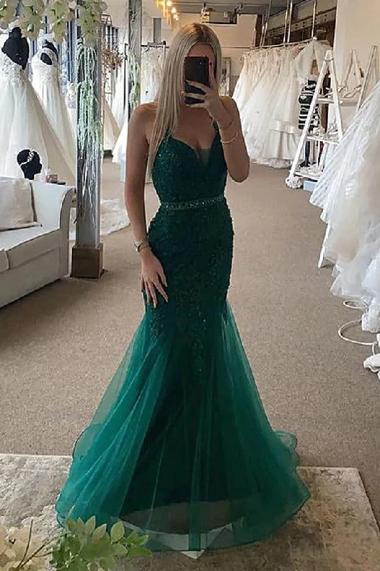 Women's Vacation Garments Hot Mermaid Dark Green Lace Prom Dresses UK Long Evening Gown