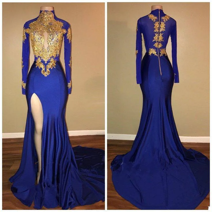 Affordable Luxury Women's Apparel Long Sleeves Blue Gold Prom Dresses Side Slit Evening Gowns