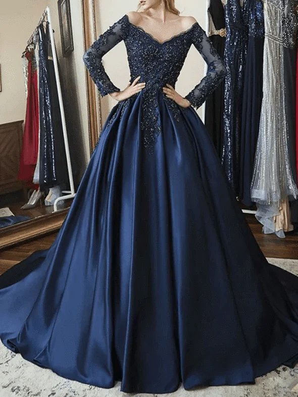 Women's Stylish Professional Garments 2025 A Line Prom Dresses Navy Blue Long Sleeves Appliques V Neck Evening Gown