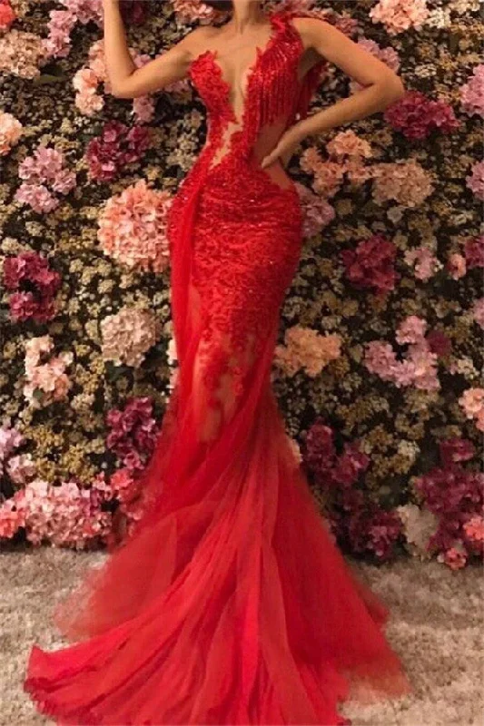 Women's Functional Outdoor Garments See Through Lace Red Prom Dresses One Shoulder Evening Gown