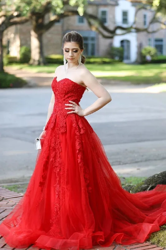 Women's Plus-Size Garments Gorgeous Long Red Lace Prom Dresses Sweetheart Strapless Evening Gown