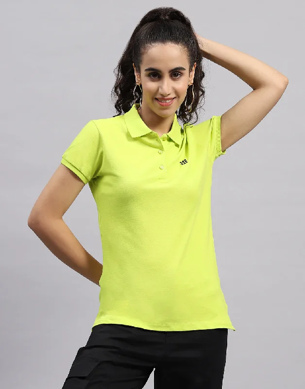 Women's Clothing Sets Women Fluorescent Green Solid Polo Collar Half Sleeve T Shirt