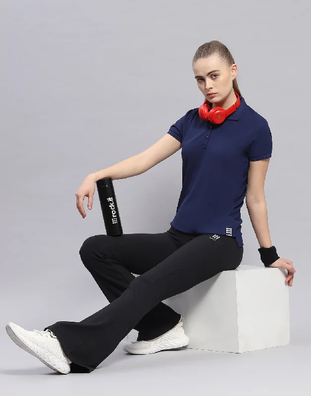 Women's Trendy Casual Clothes Women Navy Blue Solid Polo Collar Half Sleeve T-Shirt