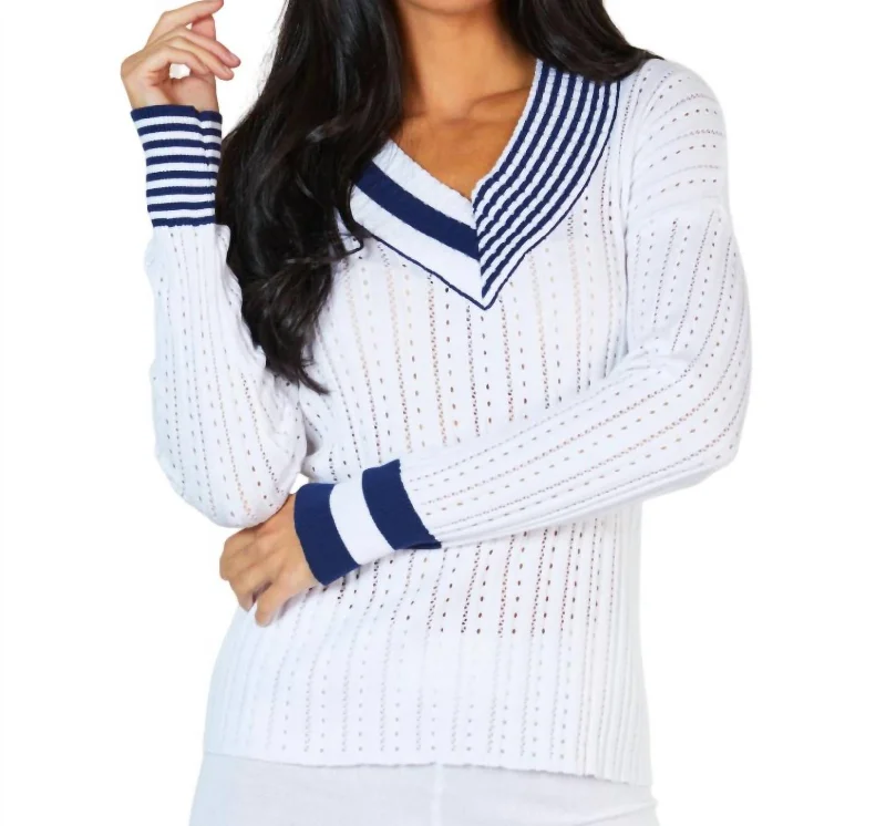 Flash Sales Today Braided V-Neck Sweater In White/navy