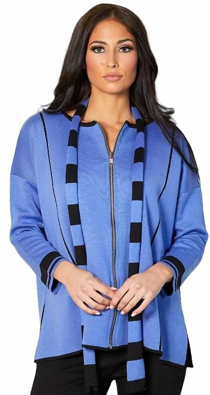 Sustainable Women's Apparel Reversible Zip Poncho With Stripe Scarf In Periwinkle