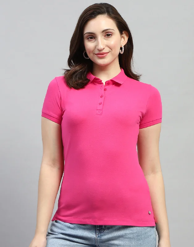 Women's Clothing Apparel Women Pink Solid Polo Collar Half Sleeve T Shirt