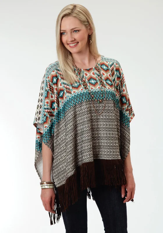 Women's Stylish Outdoor Outfit Roper Aztec Print Ladies Brown Polyester Poncho Sweater