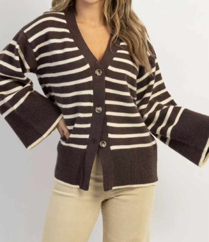 Stylish Women's Attire Presley Stripe Bell Cardigan In Espresso