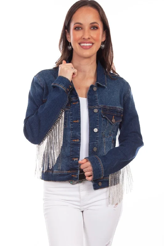 Modern Women's Fashion with Vintage Touches Scully Womens Denim Cotton Blend Rhinestone Fringe Jacket