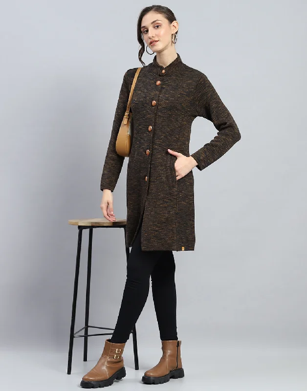 Workwear Fashion for Women Women Brown Self Design High Neck Full Sleeve Knitted coat