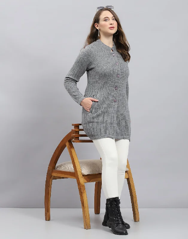 New Arrival Discount Women Grey Self Design Round Neck Full Sleeve Knitted coat