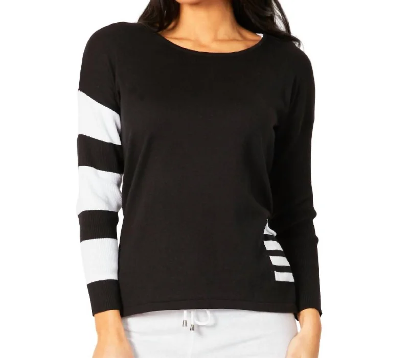 Women's Charming Outfit For Events Crew Neck Stripe Arm & Pocket Top In Black