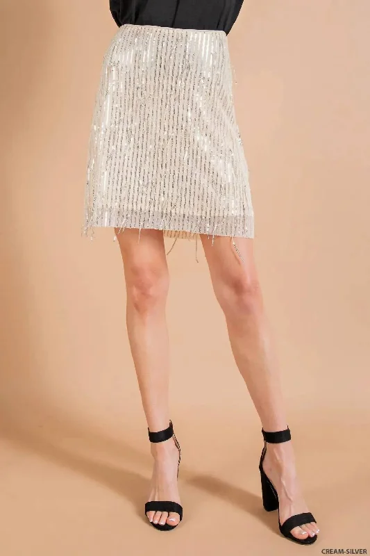 Women's Travel Outfit Set Sequined Mini Skirt In Cream-Silver