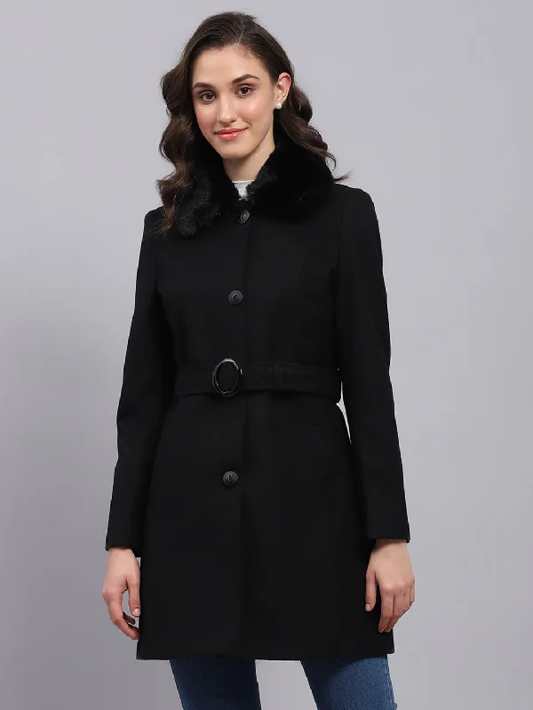 Women's Clothing for Every Occasion Women Black Solid Collar Full Sleeve Coat