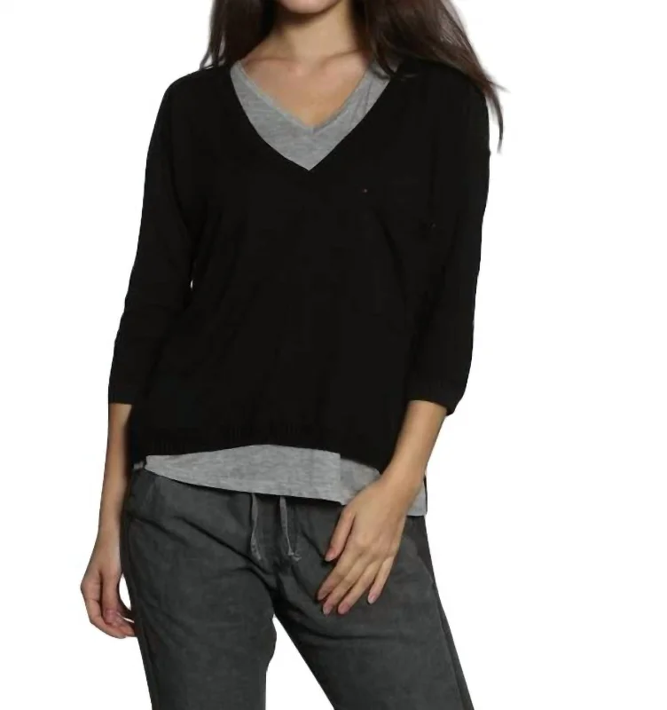 Modern Women's Clothes Rib Back V Neck Pullover In Black/charcoal