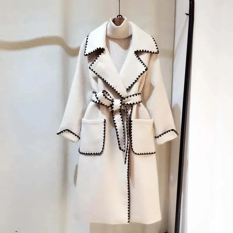 Clothes Sales Stitch Notched Woolen Coat For Women