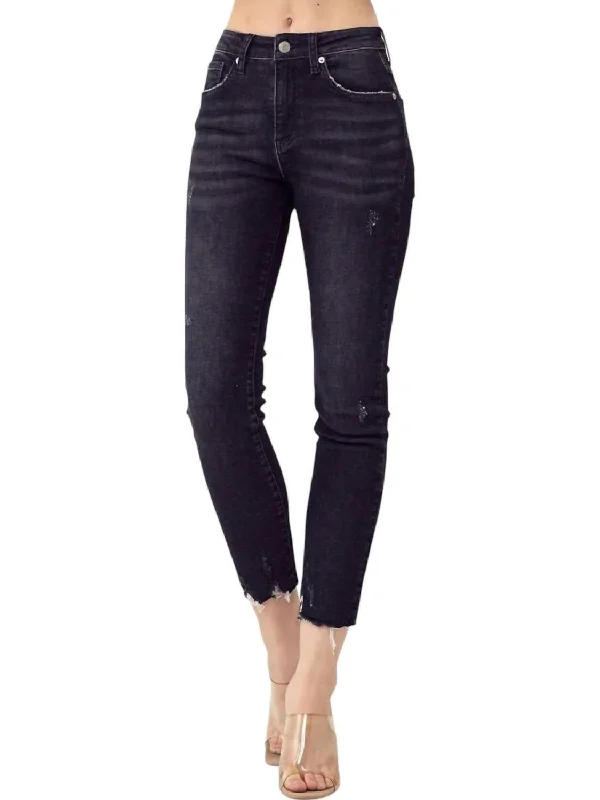 Casual Fashion Trends for Women Mid Rise Raw Hem Jeans In Black Denim