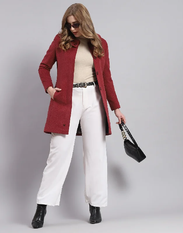 Casual Chic for Women Women Maroon Solid Collar Full Sleeve Coat