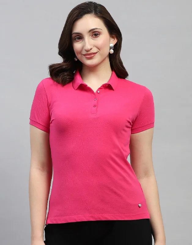 Women's Professional Apparel Women Pink Solid Polo Collar Half Sleeve T Shirt