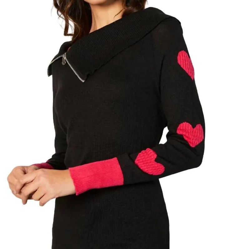 Women's Trendy Casual Outfit Zip Ribbed Cowl Neck With Heart Detail In Black/rose