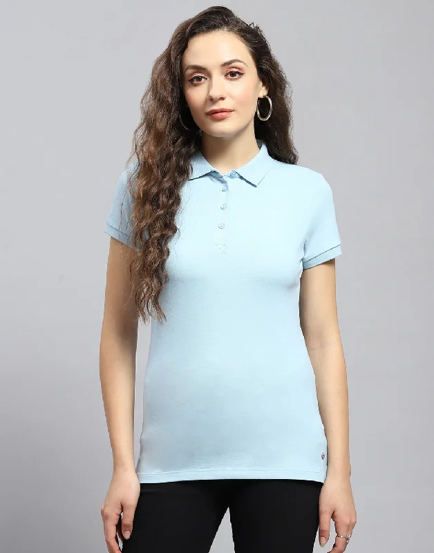 Women's Elegant Clothing Sets Women Blue Solid Polo Collar Half Sleeve T-Shirt