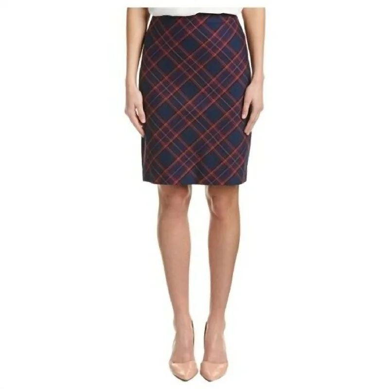 Women's Activewear Outfit Crissy Pencil Tartan Plaid Midi Skirt In Navy Blue, Pink