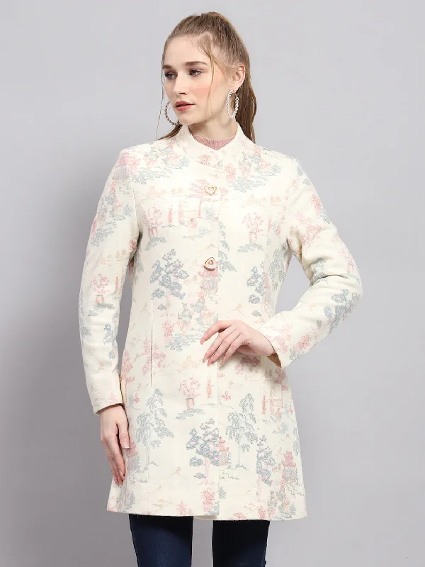 Latest Fashion for Women Women White Embroidered Mock Neck Full Sleeve Coat