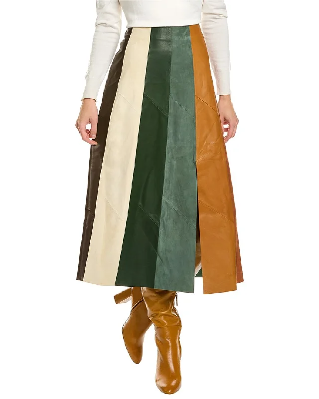 Women's Elegant Formal Outfit Ferragamo Paneled Multicolor Leather & Suede Midi Skirt