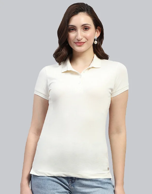 Women's Luxury Apparel Women Off White Solid Polo Collar Half Sleeve T Shirt